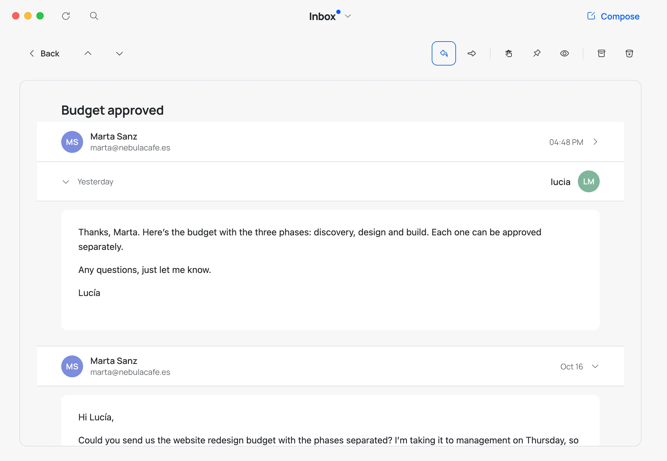 A conversation with Marta: her latest email folded at the top, your reply below it with your avatar on the right, and her first email underneath.