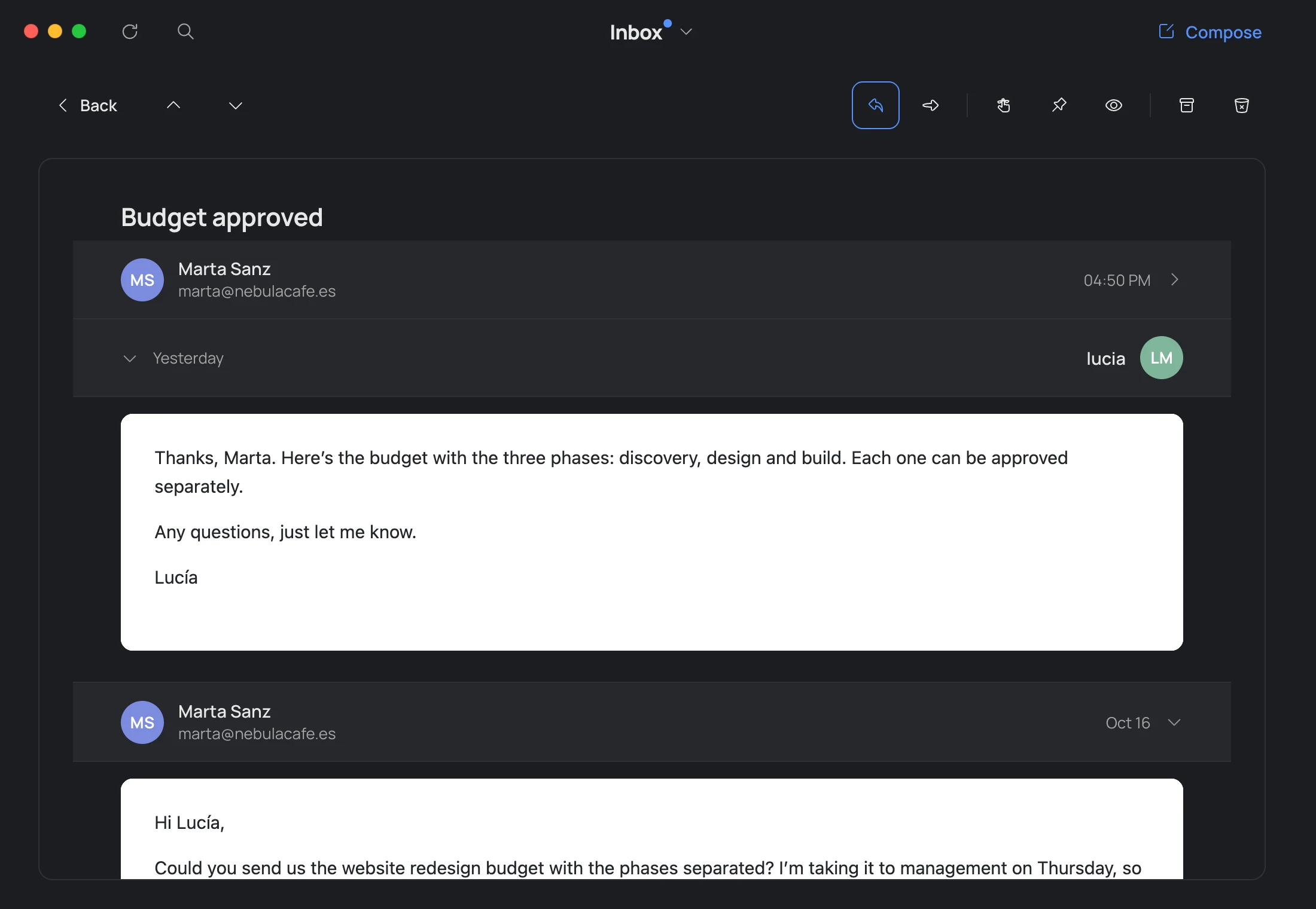A conversation with Marta: her latest email folded at the top, your reply below it with your avatar on the right, and her first email underneath.