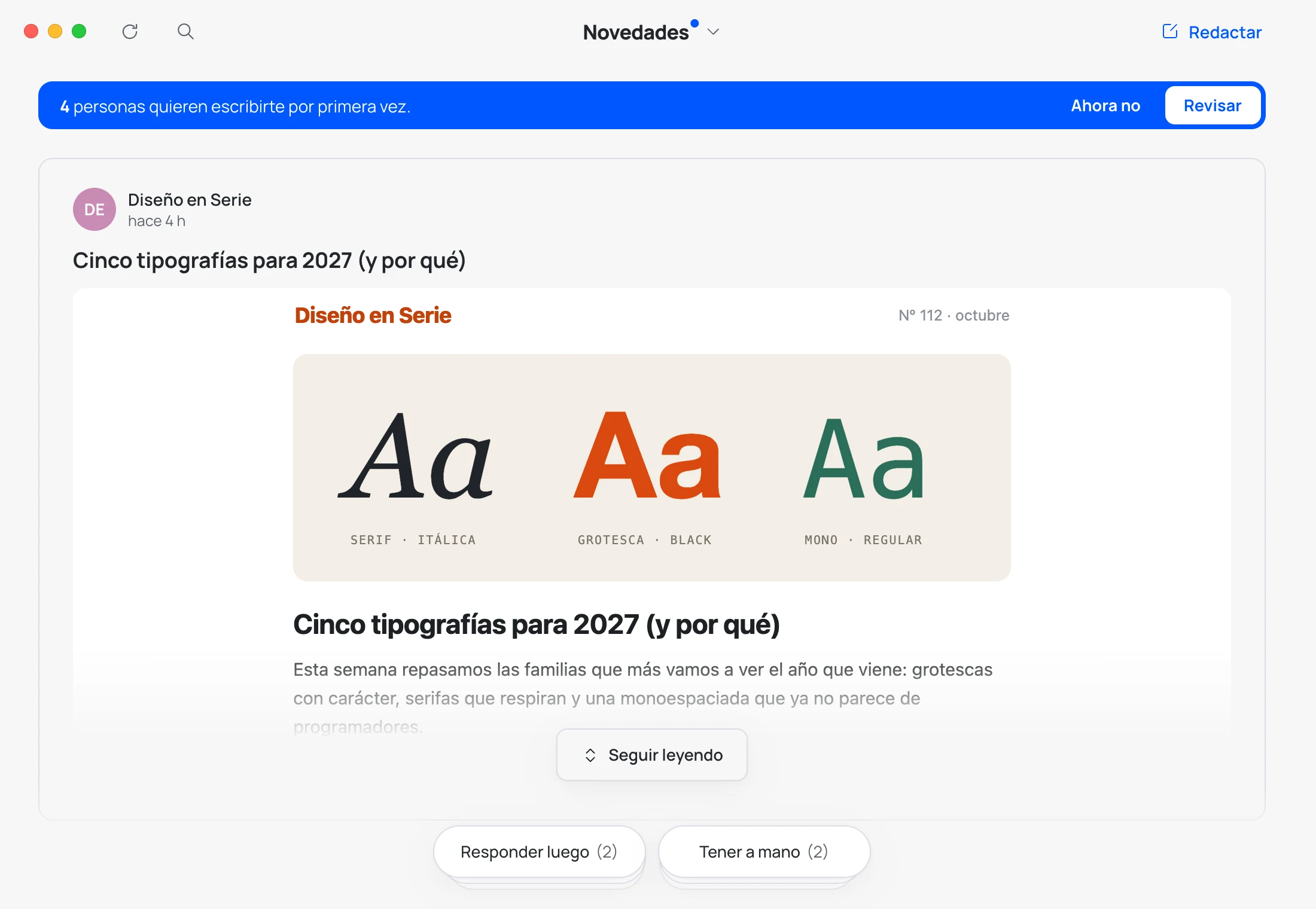 Novedades: una newsletter abierta en su tarjeta, con «Seguir leyendo», y la siguiente debajo.