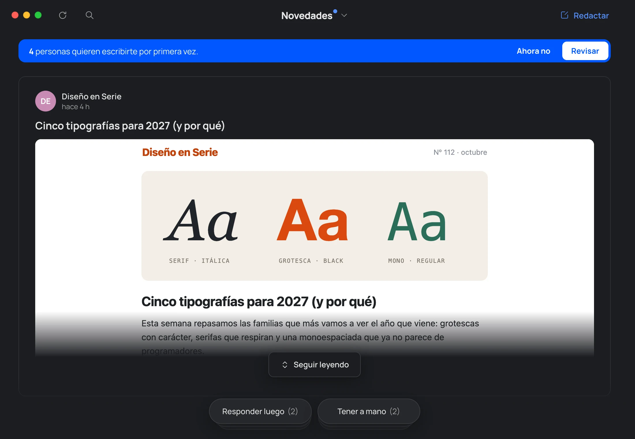 Novedades: una newsletter abierta en su tarjeta, con «Seguir leyendo», y la siguiente debajo.