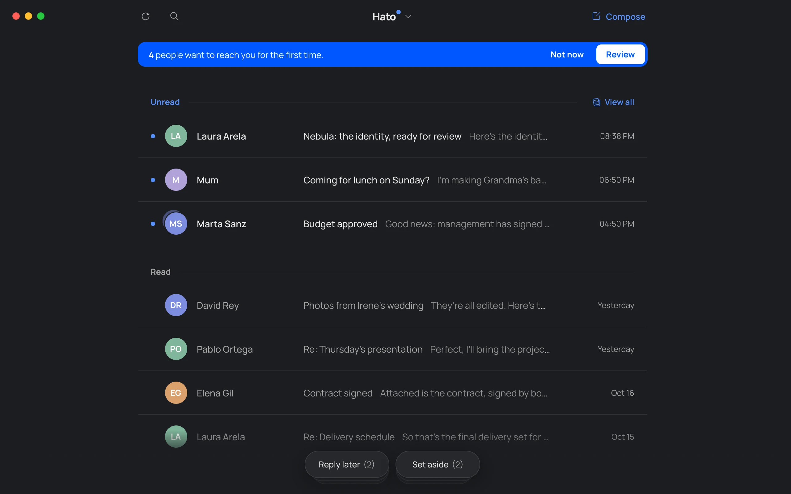 Hato’s Inbox: a blue strip says four people want to reach you for the first time; below, three new emails, what you’ve already read and the Reply later and Set aside piles at the bottom.