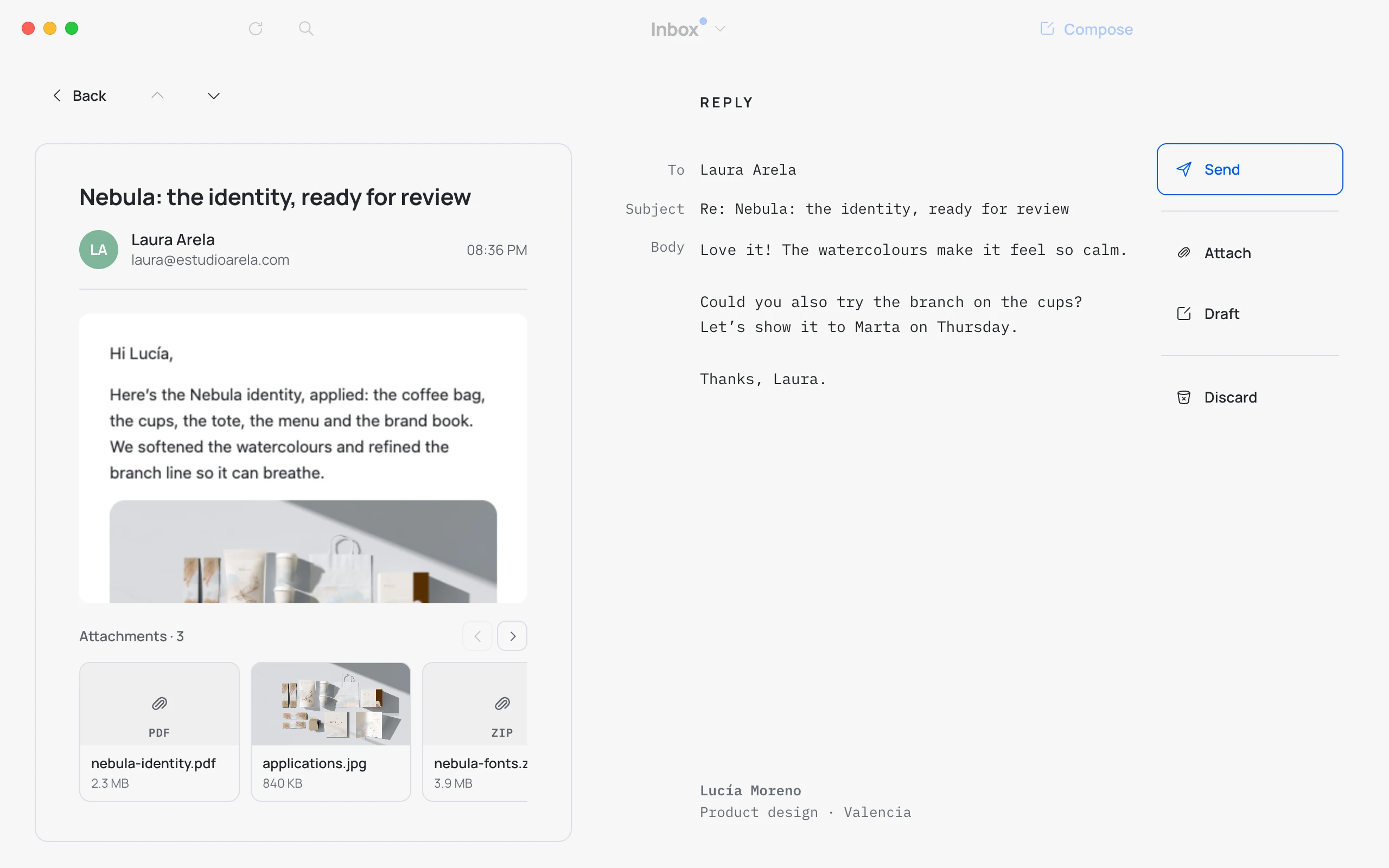 An email open in Hato: clean, with room around it, and the reply panel next to it.