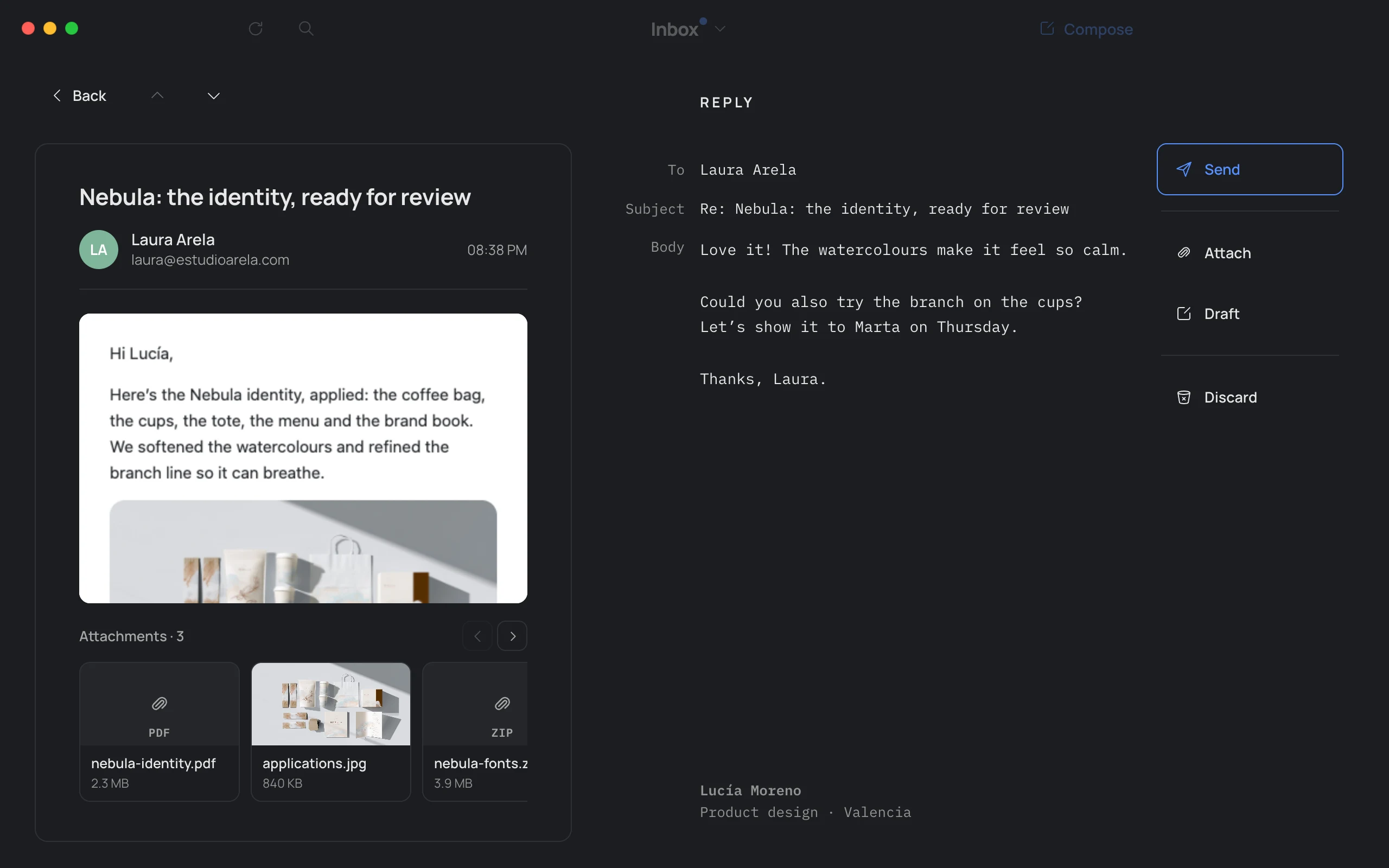 An email open in Hato: clean, with room around it, and the reply panel next to it.