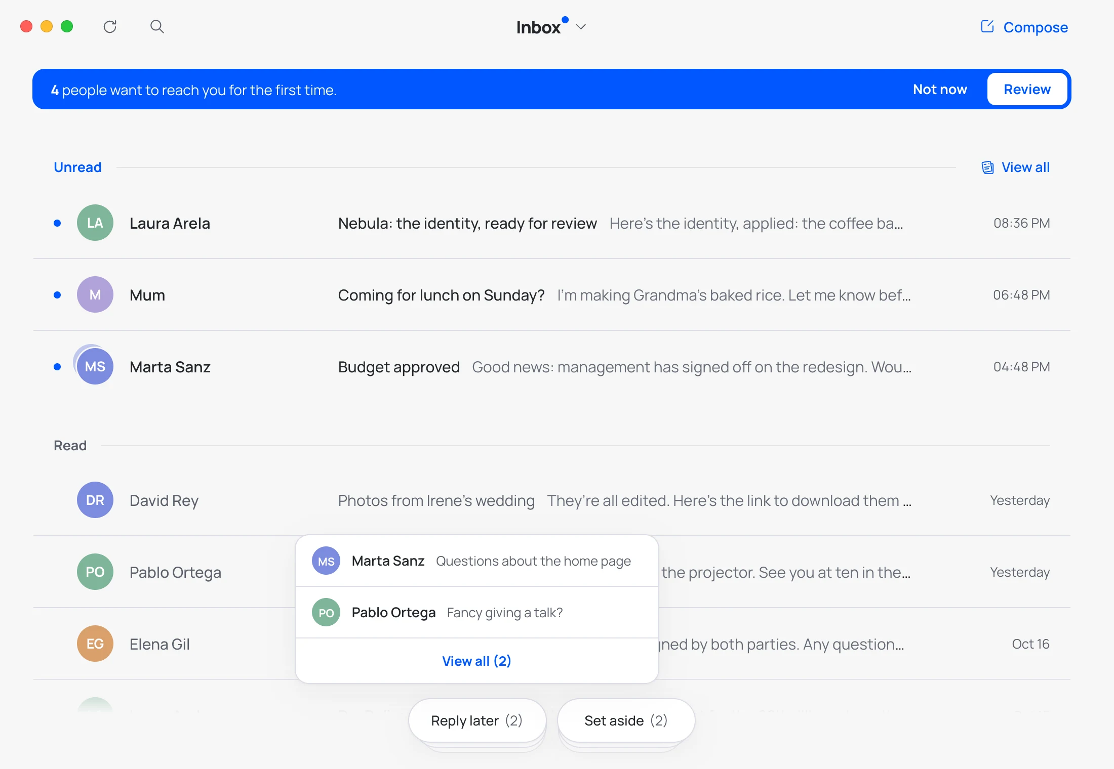 The Inbox with the Reply later pile open: two emails waiting for an answer.