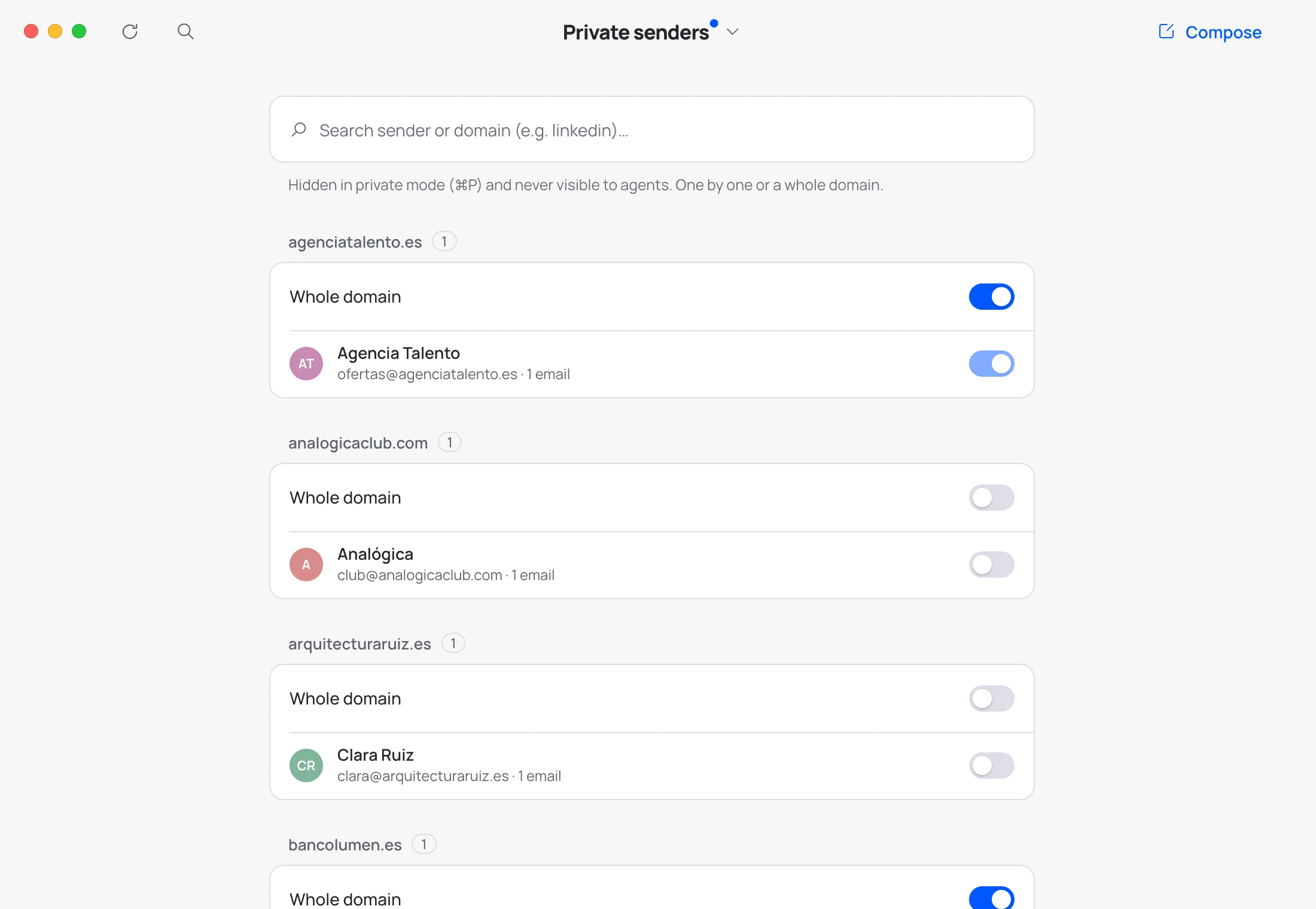 Private senders: a search box and everyone who writes to you grouped by domain, with a job agency and a bank marked as private.