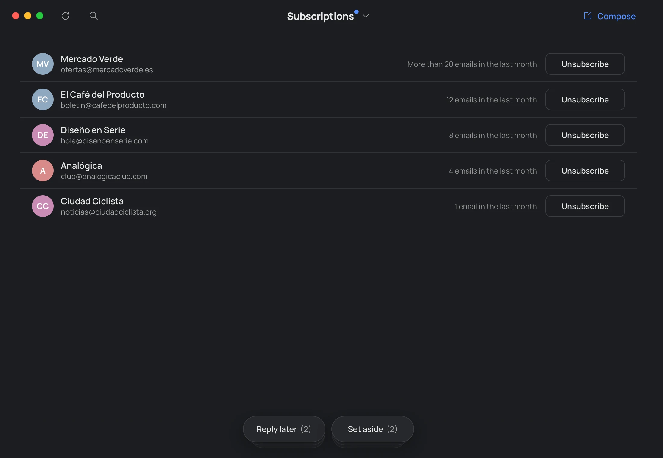 Subscriptions: five mailing lists, from the one that writes the most to the one that writes the least, each with how many emails it sent last month and an Unsubscribe button.