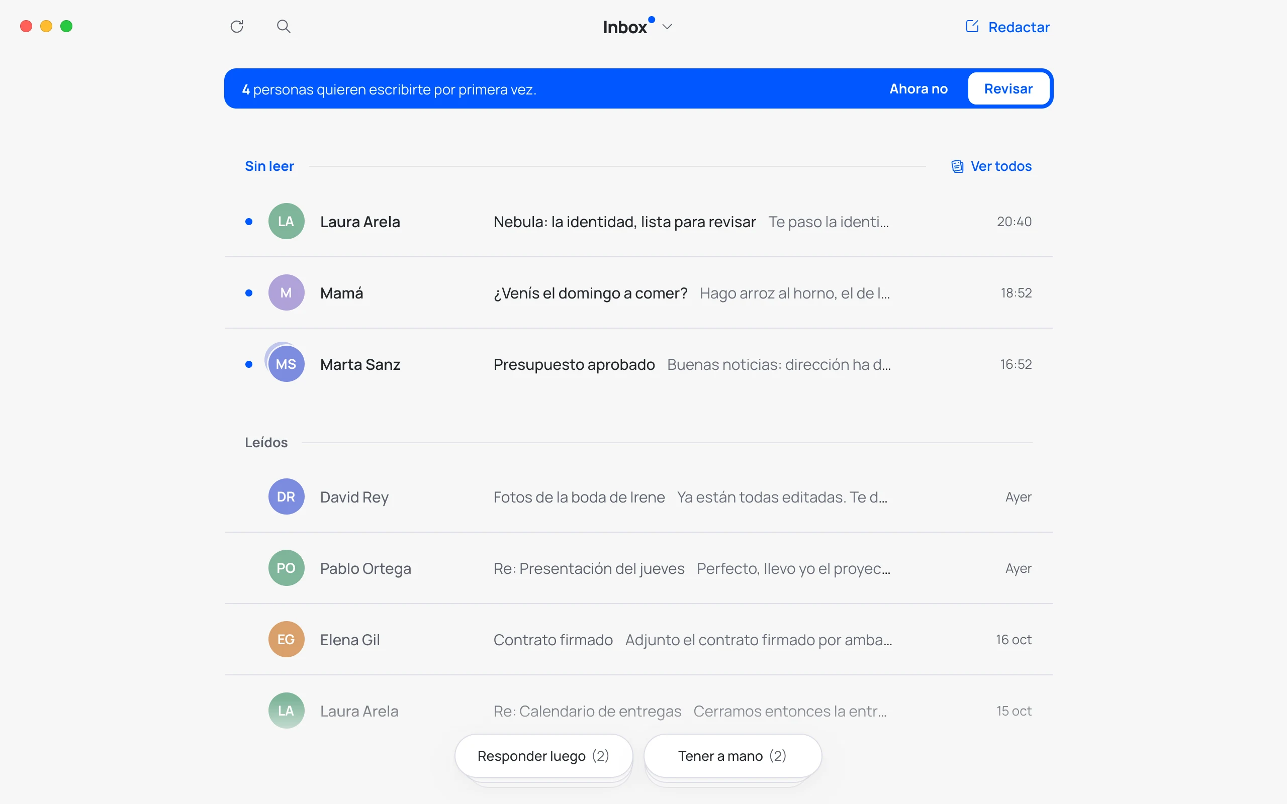 El Inbox de Hato: arriba, quien te escribe por primera vez; debajo, lo que no has leído y lo leído.